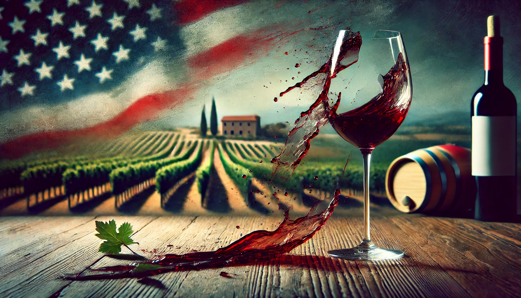 DALL·E 2025-02-28 15.16.43 - A close-up, detailed image illustrating the impact of US tariffs on Italian wine. The focus is on a broken wine glass with red wine dramatically spill